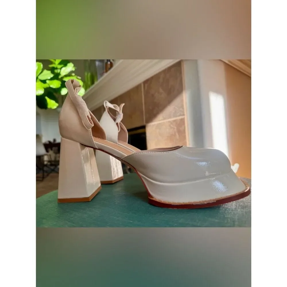 White Platform Block Heel Pumps Minimalist Square Toe Ankle Strap Size 9.5